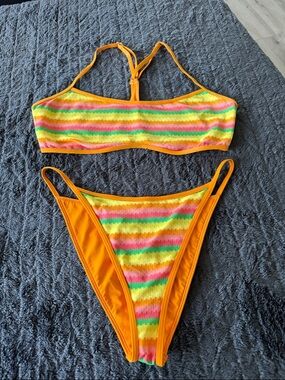 L space Striped Neon Terry Bikini Set in Orange, Yellow, Pink, Green